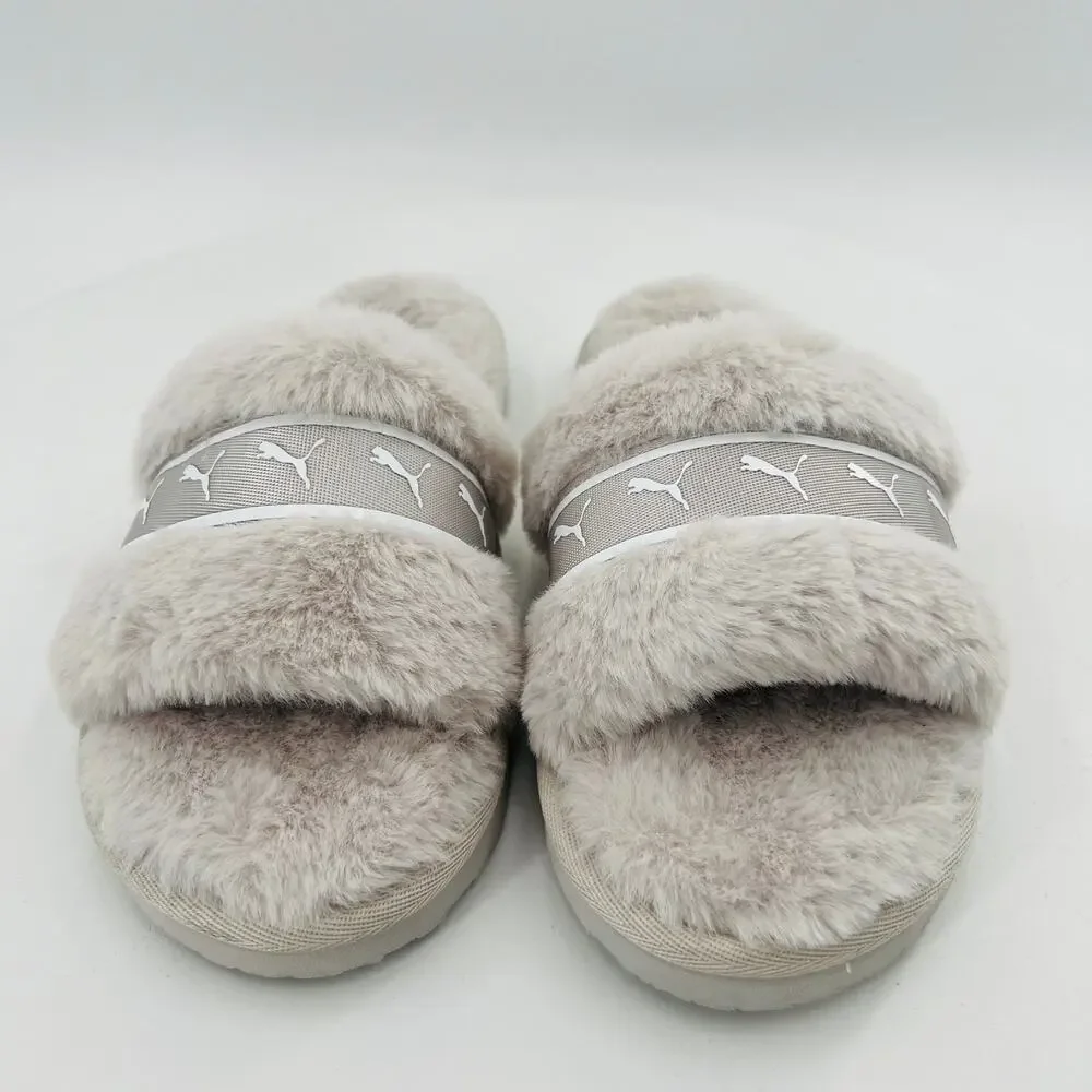 PUMA Fluff Remix Faux Fur Women's Shoes Slide Gray Sandals Size 5